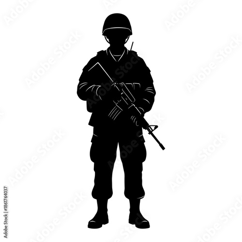 Silhouette of a soldier standing with a rifle, military uniform, helmet, white background