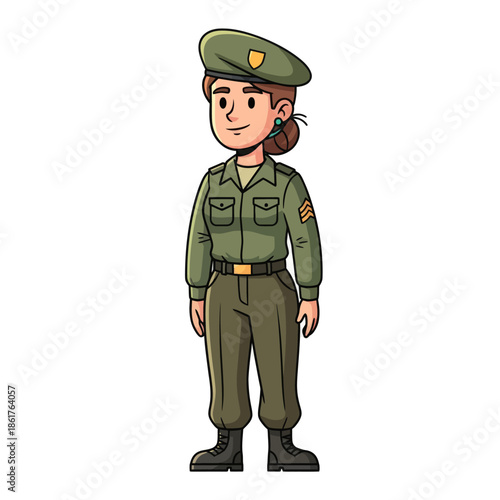 Cartoon Female Soldier in Uniform with Beret and Boots, Standing Confidently