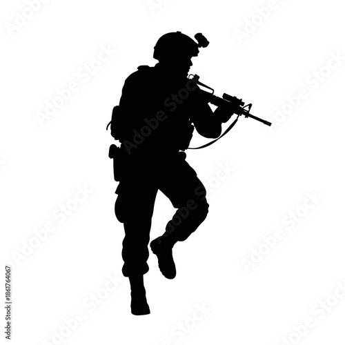 Silhouette of a soldier aiming a rifle, tactical gear, military action, white background