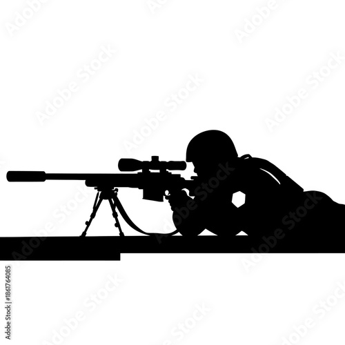 Silhouette of a Sniper Aiming with Rifle on Bipod, Military Combat Concept