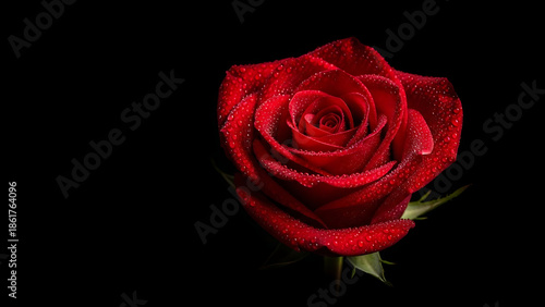 Wallpaper Mural Close-up of a Beautiful Red Rose Covered in Shimmering Water Droplets on a Pure Black Backdrop Torontodigital.ca