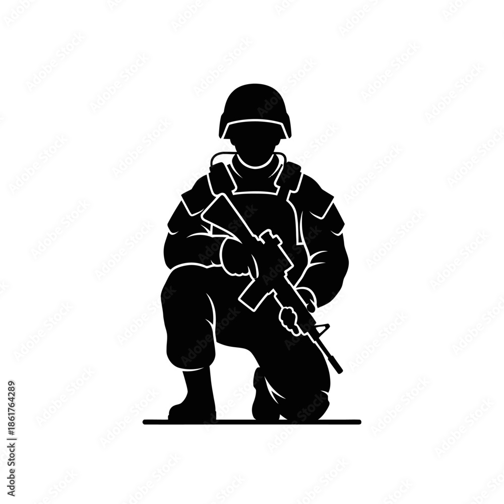 Fototapeta premium Soldier Silhouette, Kneeling with Rifle, Military Combat Gear, Warrior Icon