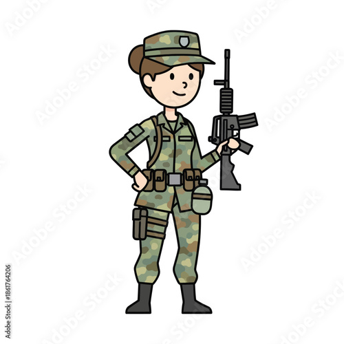 Female soldier in camouflage uniform holding assault rifle, cartoon illustration