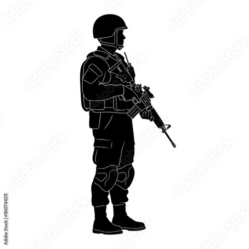 Silhouette of Soldier in Combat Gear Holding Rifle, Standing Ready