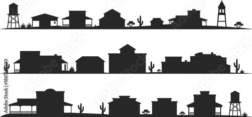 Western town silhouette landscape with desert houses, cactus, water towers, minimalist black vector illustration for cowboy, frontier, rural design
