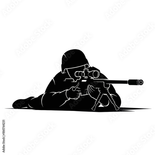 Silhouette of a soldier aiming a sniper rifle with a scope and bipod, lying down.