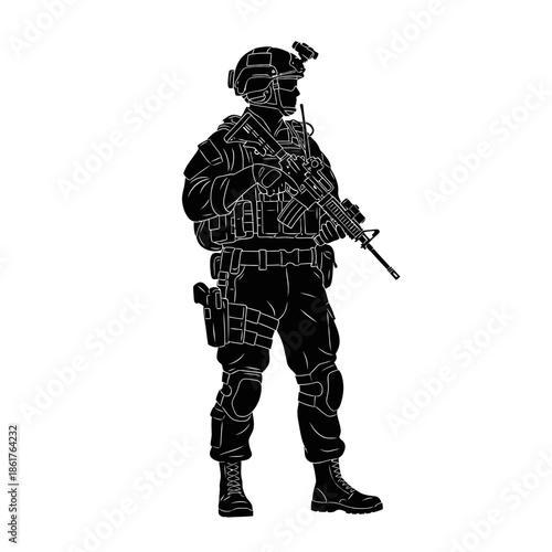 Silhouette soldier with rifle, tactical gear, helmet, standing pose, isolated on white