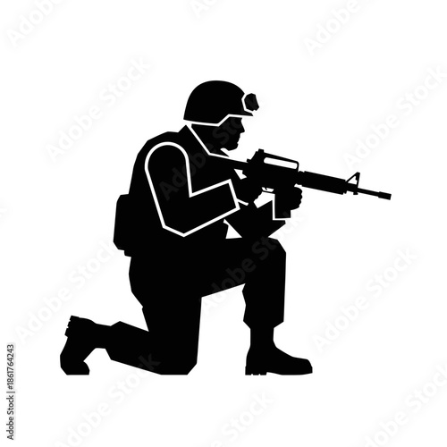 Silhouette of Soldier Kneeling with Assault Rifle