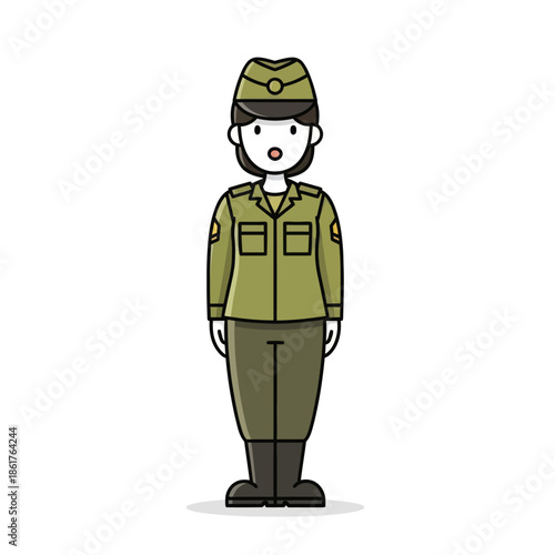 Female Soldier Standing at Attention in Uniform, Military Woman Cartoon
