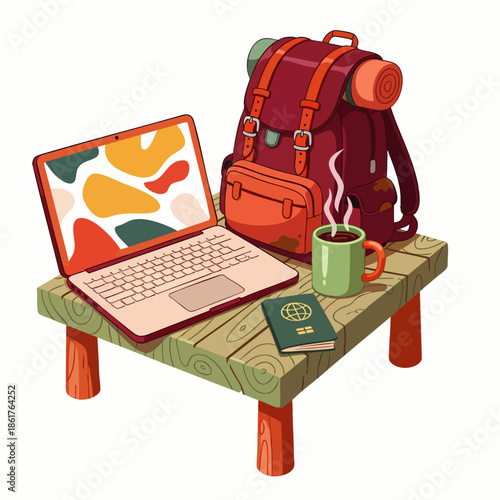 Digital Nomad Lifestyle: Backpack, Laptop, Passport, and Coffee on a Wooden Table