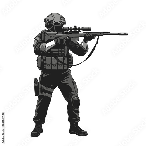 Special Forces Soldier Aiming Sniper Rifle, Tactical Gear, Military Action
