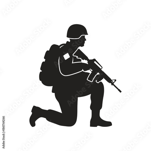 Kneeling Soldier Silhouette with Rifle and Backpack, Military Action Icon