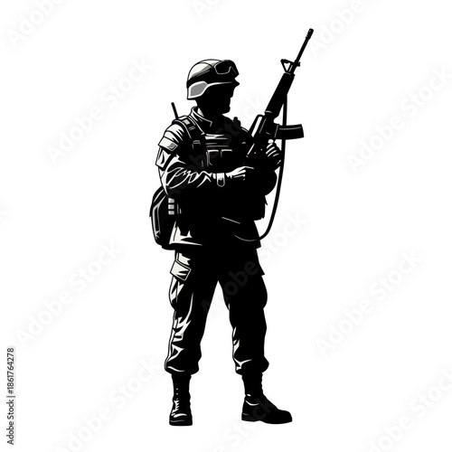 Silhouette Soldier with Rifle, Military Combat Uniform, Tactical Gear, Ready for Action
