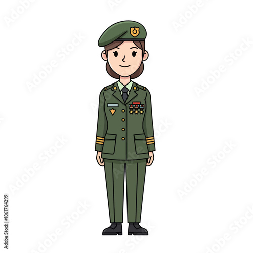 Cartoon Female Soldier in Military Uniform with Beret and Medals