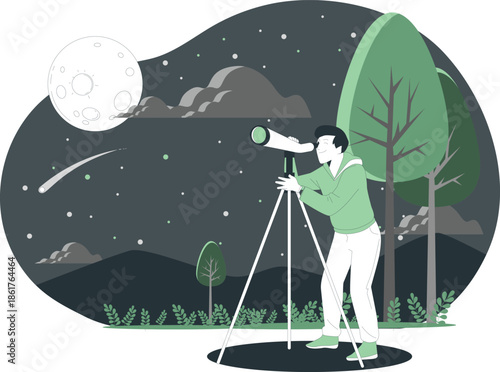 A man observing the night sky with a telescope under the light of a full moon