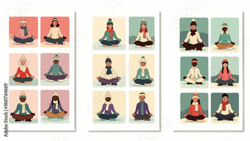 Diverse people in winter clothing meditating in lotus pose, promoting mindfulness and well-being