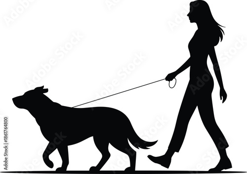 Woman walking dog silhouette pet owner outdoor activity illustration isolated on white background lifestyle companionship vector design concept art minimal