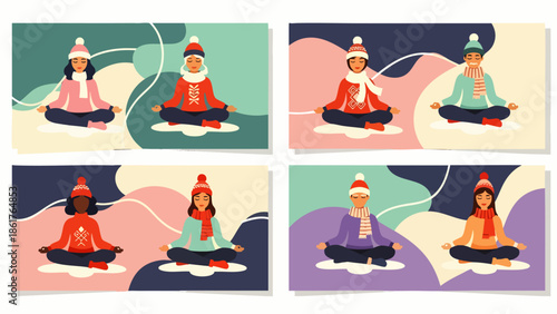 Diverse people meditating in winter clothes, promoting wellness and mindfulness during cold seasons