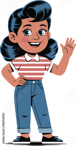 Cartoon Girl Waving in Striped Shirt and Jeans