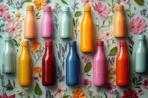 colorful rows of small bottles arranged on a floral background with scattered flowers and leaves, cheerful pastel flat lay with a springlike bright mood