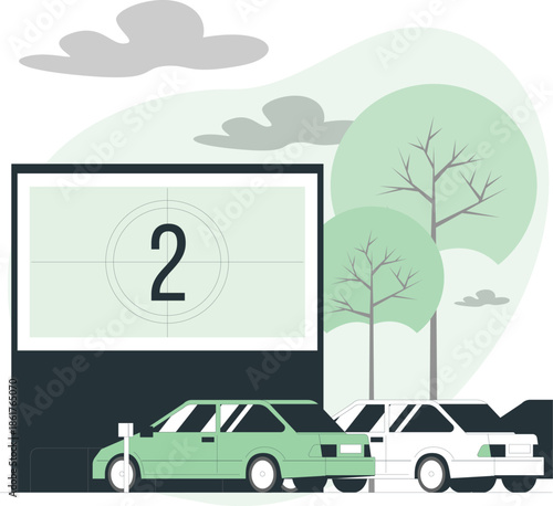 Cars waiting in line at a drive-in cinema on a cloudy day