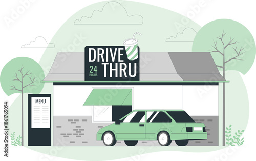 A green car drives through a 24-hour drive-thru service at a modern building surrounded by trees.