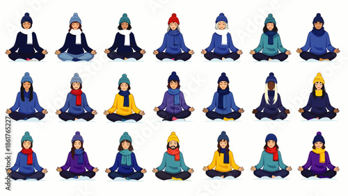 Diverse group of people in winter hats meditating in lotus pose, promoting wellness and mindfulness