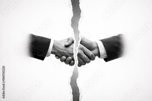 Torn paper splitting business handshake, broken partnership concept
