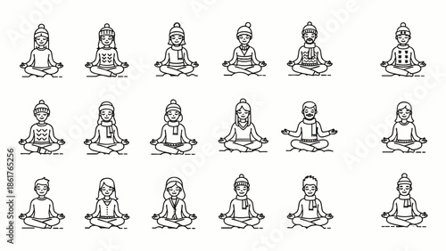 Diverse people meditating in lotus pose, representing mindfulness, peace, and spiritual practice