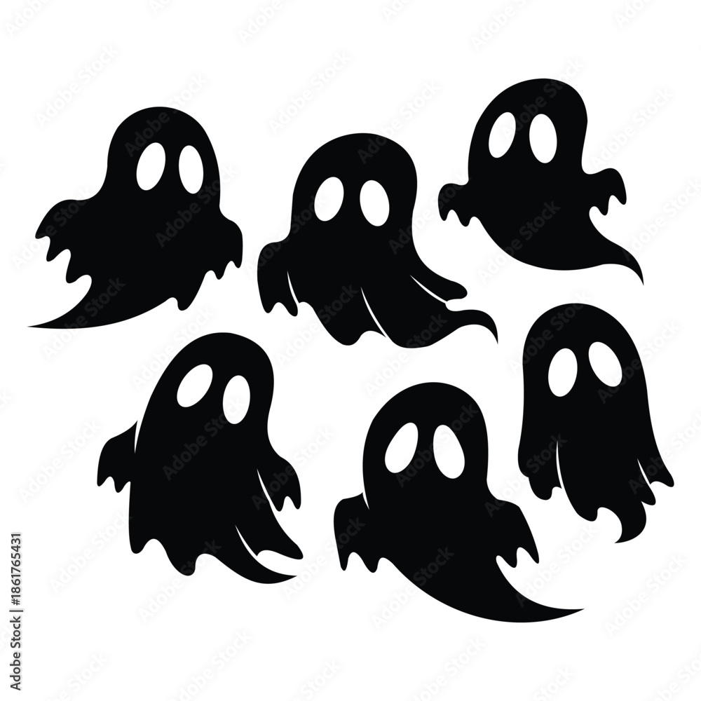 Obraz premium Collection of six black ghost silhouettes on vector illustration