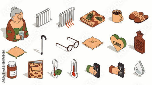 Elderly Care Icons: Isometric Set for Health, Comfort, and Technology for Seniors
