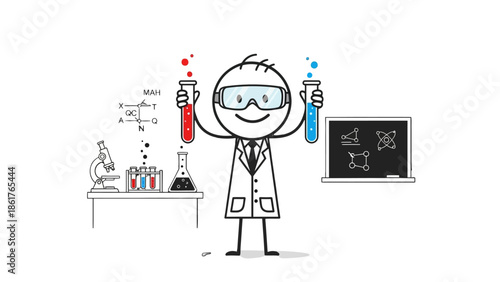 Happy stick figure scientist in lab coat and goggles holding test tubes, surrounded by laboratory equipment in a bright studio.