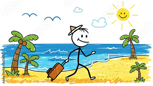Happy Stickman Walking on Tropical Beach with Luggage and Palm Trees Under Sunny Sky, Enjoying Relaxing Vacation.
