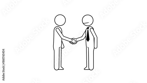 Two stick figures, one wearing a tie, shaking hands to symbolize a business agreement or partnership on an isolated white background.