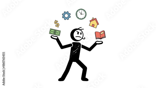 Stick figure trying to balance various life elements like money, house, books, and time, representing work-life balance challenges on an isolated white background.