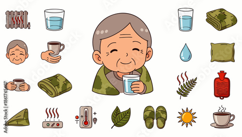 Elderly woman enjoying a warm drink and blanket, surrounded by comfort items for relaxation and well-being