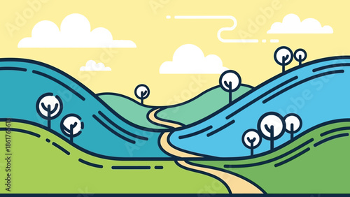 Peaceful Natural Landscape with Winding River, Rolling Green Hills, Trees, and Road Under Blue Sky with Clouds, Conveying Tranquility.