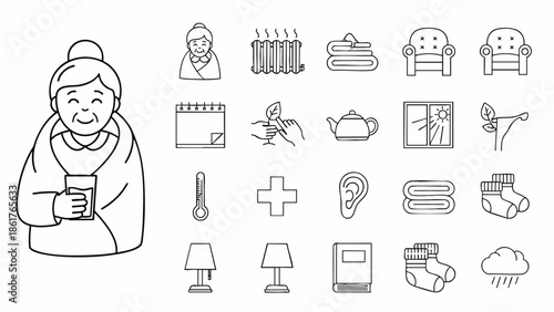 Elderly Woman and Icons Representing Comfort, Home, and Health