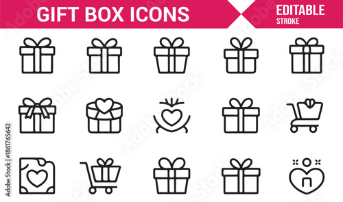 Editable gift box outline icons for UI and design