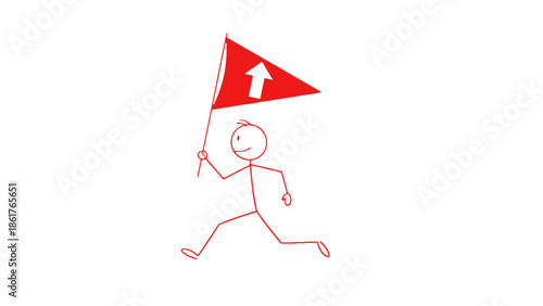 Determined Red Stickman Running Forward with Up Arrow Flag, Symbolizing Progress and Goal Achievement, Isolated White Background.