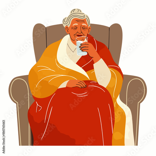 Elderly woman in armchair, wrapped in a blanket, enjoying a drink, illustration