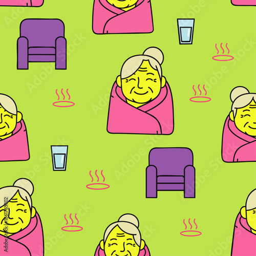 Cozy Elderly Woman Wrapped in Blanket with Chair and Drink, Seamless Pattern