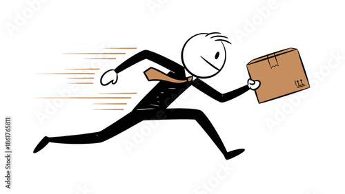 Fast running stick figure businessman carrying a package, emphasizing urgency and efficient delivery, isolated white background.
