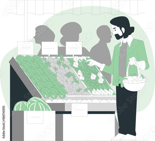 A man shopping for fresh produce at a vibrant market stall with various leafy greens on display