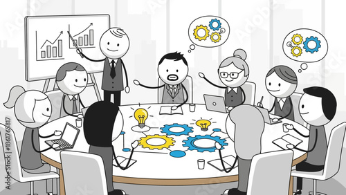 Group of stick figure business people brainstorming and collaborating around a table in an office meeting, generating ideas.