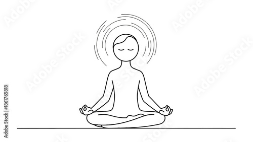 Stick figure person meditating peacefully in a lotus position, radiating calm and mindfulness, isolated white background.