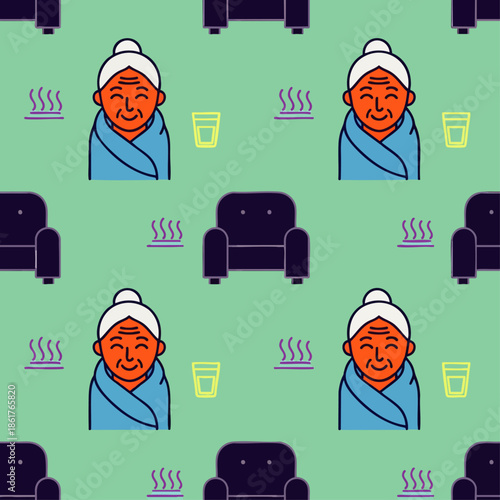 Cozy senior woman wrapped in blanket with hot drink and armchair, seamless pattern