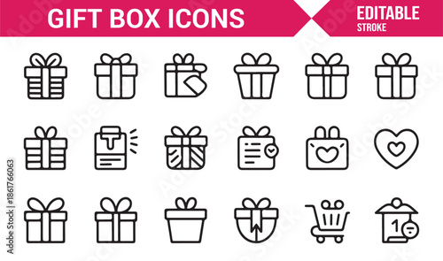 Holiday and birthday gift packaging outline icons