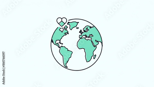 A stylized illustration of a green and white globe with a heart symbol over north america on a clean white background, representing global love and care