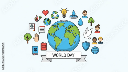 Earth day illustration with globe surrounded by eco friendly icons and people, symbolizing environmental conservation and sustainability on world day
